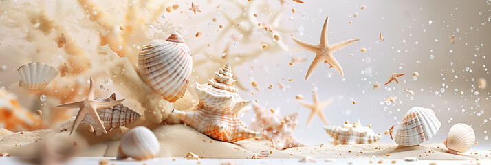 Levitating seashell and starfish in warm light with dynamic motion and sand particles banner. Panoramic web header. Wide screen wallpaper