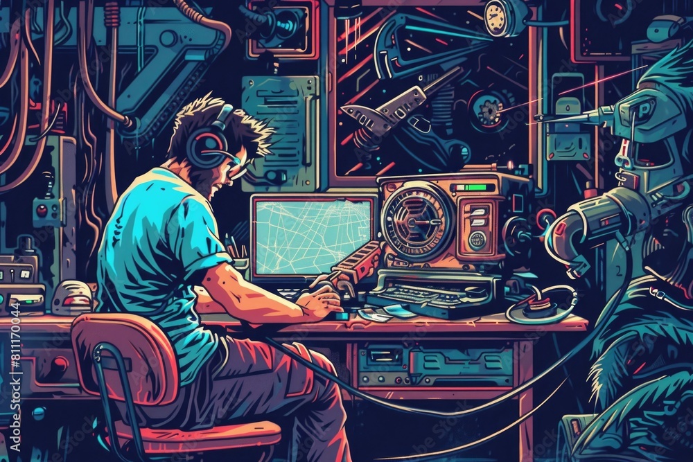 Poster a man sitting at a desk in front of a computer. suitable for business and technology concepts