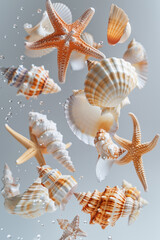 Levitating seashell and starfish surrounded by water droplet on light background