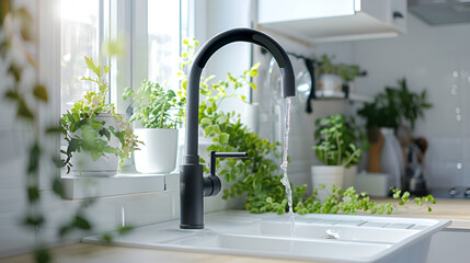 Black kitchen faucet with a white sink and green plant, generative Ai