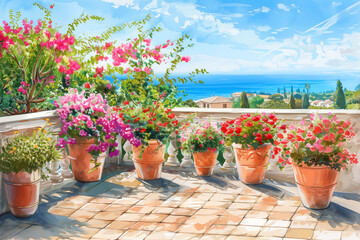 Vibrant flowers in terracotta pots on terrace with sea view under clear blue sky