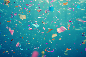 Vibrant confetti rain on a deep cyan background, evoking an oceanic celebration scene captured in high resolution.