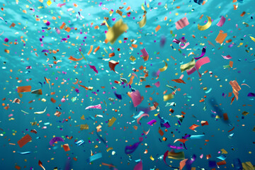 Vibrant confetti rain on a deep cyan background, evoking an oceanic celebration scene captured in high resolution.