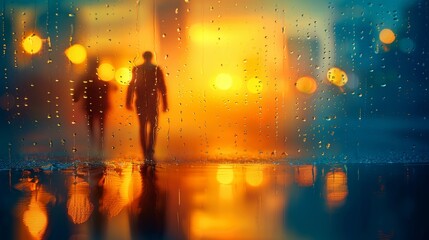 A couple of people walking down a street in the rain, AI