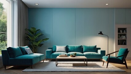 minimalist living room with teal sofa