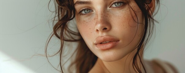Close-up of a young woman's face, her freckles and gentle expressionbeauty and skincare campaigns, editorial content in lifestyle magazines, artistic photography showcases, and any platform promoting 