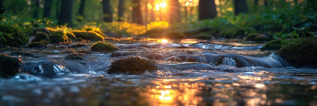 quiet nature landscape small creek flow in green forest with sunlit, Generative Ai