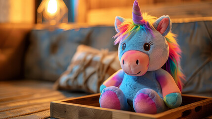 A colorful plush unicorn toy on a bed
