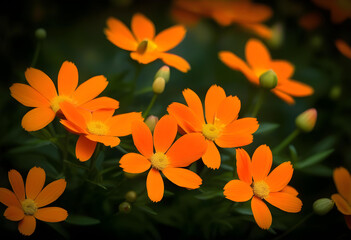 A close-up of vibrant orange flowers against a dark background