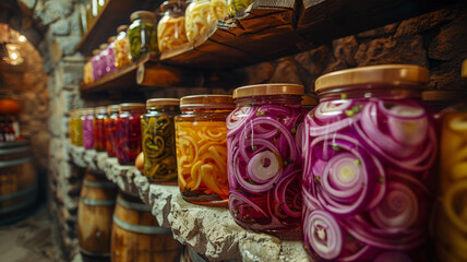 Fototapeta premium Jars of pickled vegetables on a shelf.