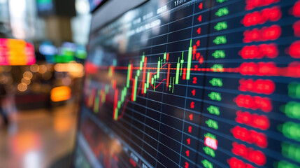 Investing and stock market graph, arrow price record high.