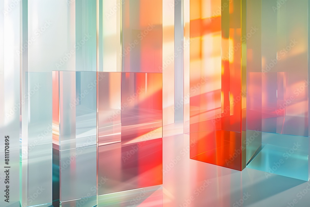 Fototapete glass panels with frosted edges float in space, casting soft shadows on the underlying elements.