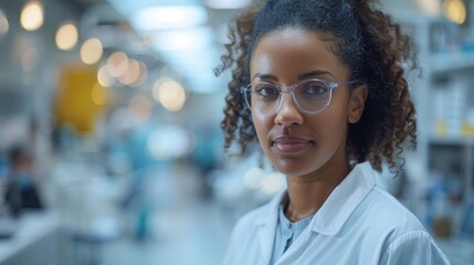 A woman in lab coat with glasses and a smile, AI