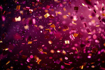 Vivid confetti on a deep burgundy background, capturing the essence of a luxurious festivity in ultra HD.