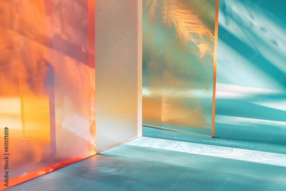 Fototapete glass panels with frosted edges float in space, casting soft shadows on the underlying elements.