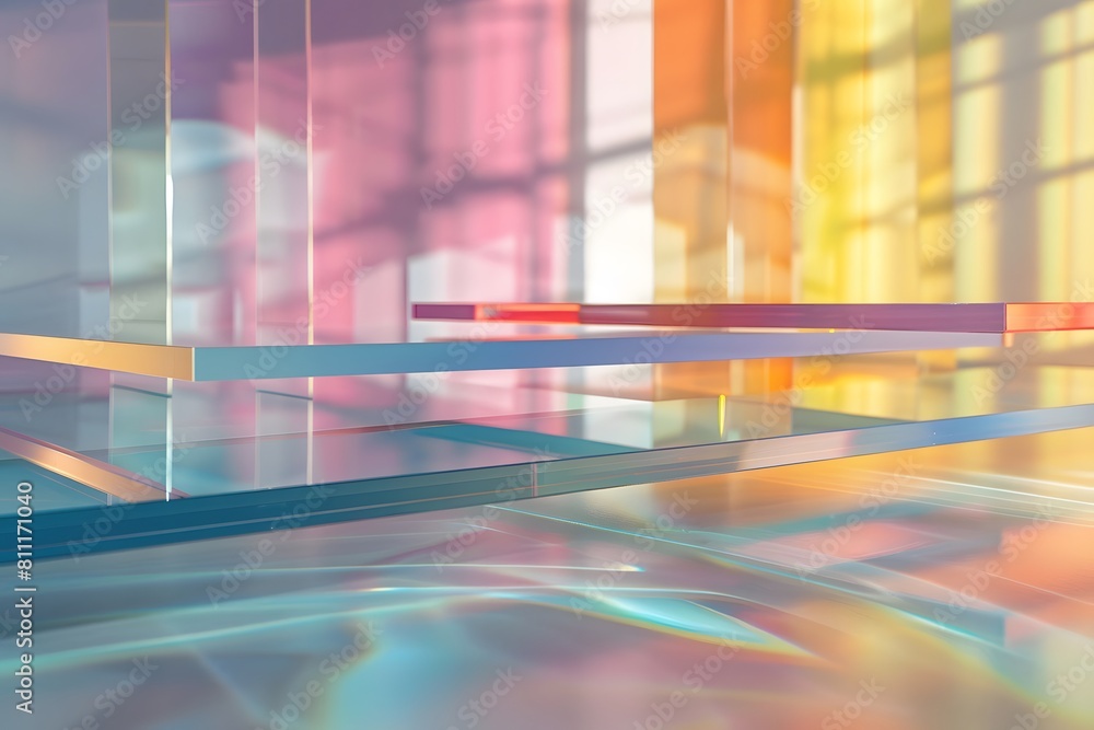 Aufkleber glass panels with frosted edges float in space, casting soft shadows on the underlying elements.