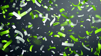 Vivid lime green and white confetti cascading over a dark grey background, symbolizing celebration.