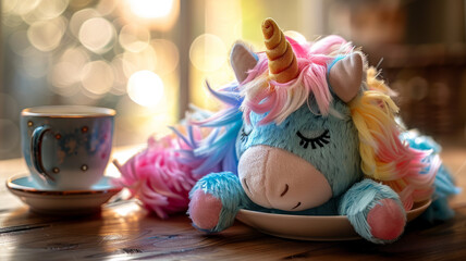 Fototapeta premium Unicorn plush toy on a table with a cup