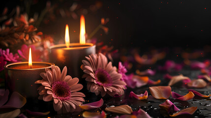Burning candles and flowers on black background, generative Ai