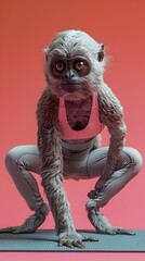 Energetic Gibbon Athlete Doing Pushups on Yoga Mat in Surreal