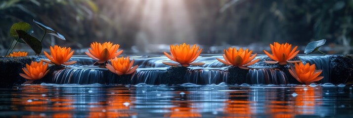 quiet nature landscape small creek flow in green forest with orange waterlily blossoming with sunlit, Generative Ai