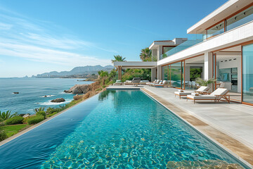 Fototapeta premium Mediterranean Luxury: Seaside Villa with Long Infinity Pool and Coastal Views