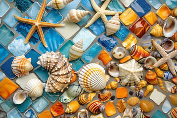 Vibrant collection of seashells and starfish arranged on blue mosaic tile background