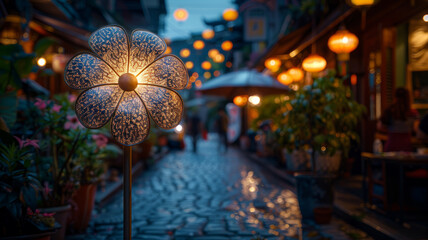 A decorative streetlamp lit at twilight in a charming alley.