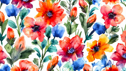 Watercolor flowers seamless repeat pattern 16:9 with copyspace