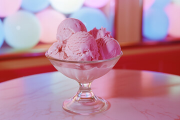 Bowl of bubble gum ice cream on pink table with colorful bokeh background