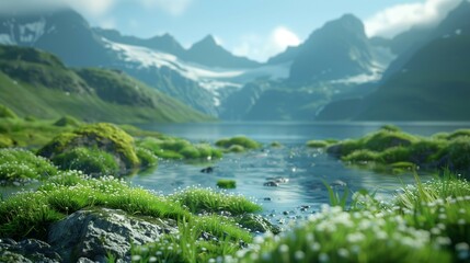 Naklejka premium Lake in mountains,grass on sides of water and green mountain peaks in distance,landscape concept.