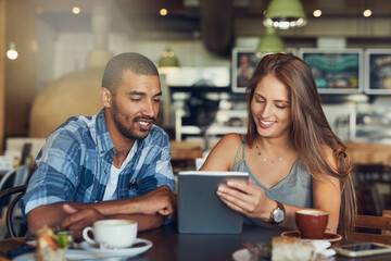 Tablet, breakfast or couple at cafe for food choice, menu or planning brunch meal for coffee shop...