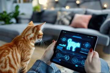 Hands with tablet with digital screen displaying futuristic smart cat health system. Modern healthy practices with virtual reality simulators for pets.
