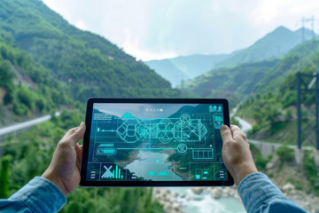 Hands with tablet with digital screen displaying futuristic smart water management. Water resources management. Drought risk assessment concept