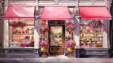 The image shows a beautiful flower shop with a pink awning. There are many flowers in the window.