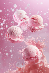 Ice cream scoops flying in the air with milk splash on pink background