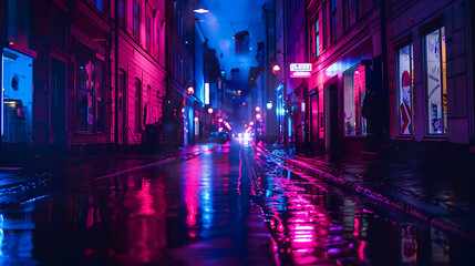 Sweeden street after rain, neon lights.