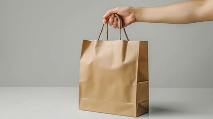 A hand holding a brown cardboard take-out bag with handles.