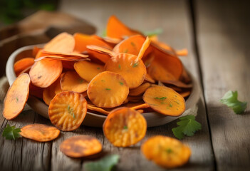 A plate of sweet potato chips on a rustic wooden table
