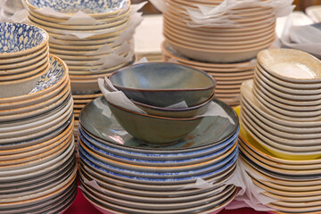Stack of New Ceramic Bowls and Plates Modern Dinnerware
