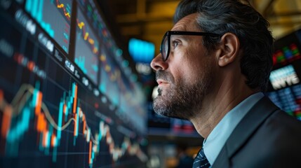 Confident businessman analyzing stock market data on multiple computer screens.