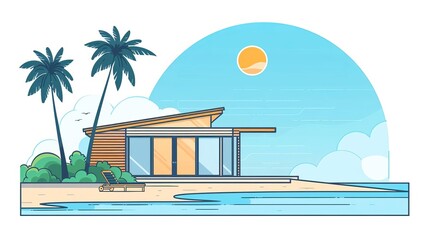 Obraz premium Modern beach house with pool and palm trees.