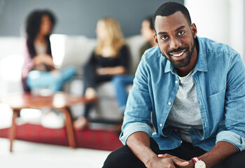 Meeting, business people and portrait of black man in work lounge for new job, opportunity or...