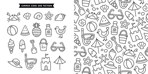 Cute fun summer line art beach trip vacation holiday black and white vector icons and seamless pattern
