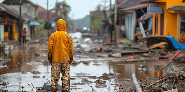 a man walking in town that dirty with mud and destroyed by flood, Generative Ai