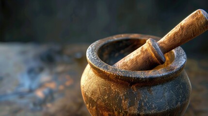 A mortar with a wooden stick, suitable for cooking or herbal medicine. Ideal for food and health-related designs