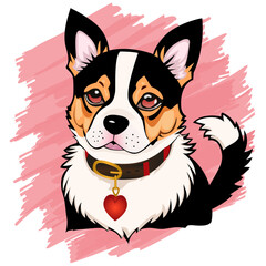 Black and white dog with a collar and a pendant in the form of a red heart in a flat style