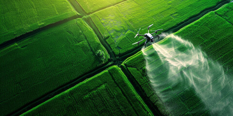 Agriculture drone flies to sprayed fertilizer on the rice fields wallpaper. Smart agricultural technology concept.