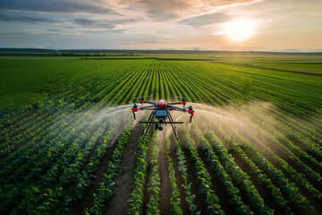 Agriculture drone flies to sprayed fertilizer on the potato fields wallpaper. Smart agricultural technology concept.