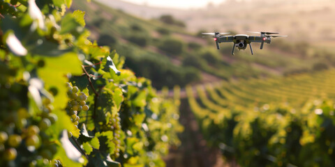 Agriculture drone is flying above grape fields to monitoring crops. Smart agricultural technology concept.